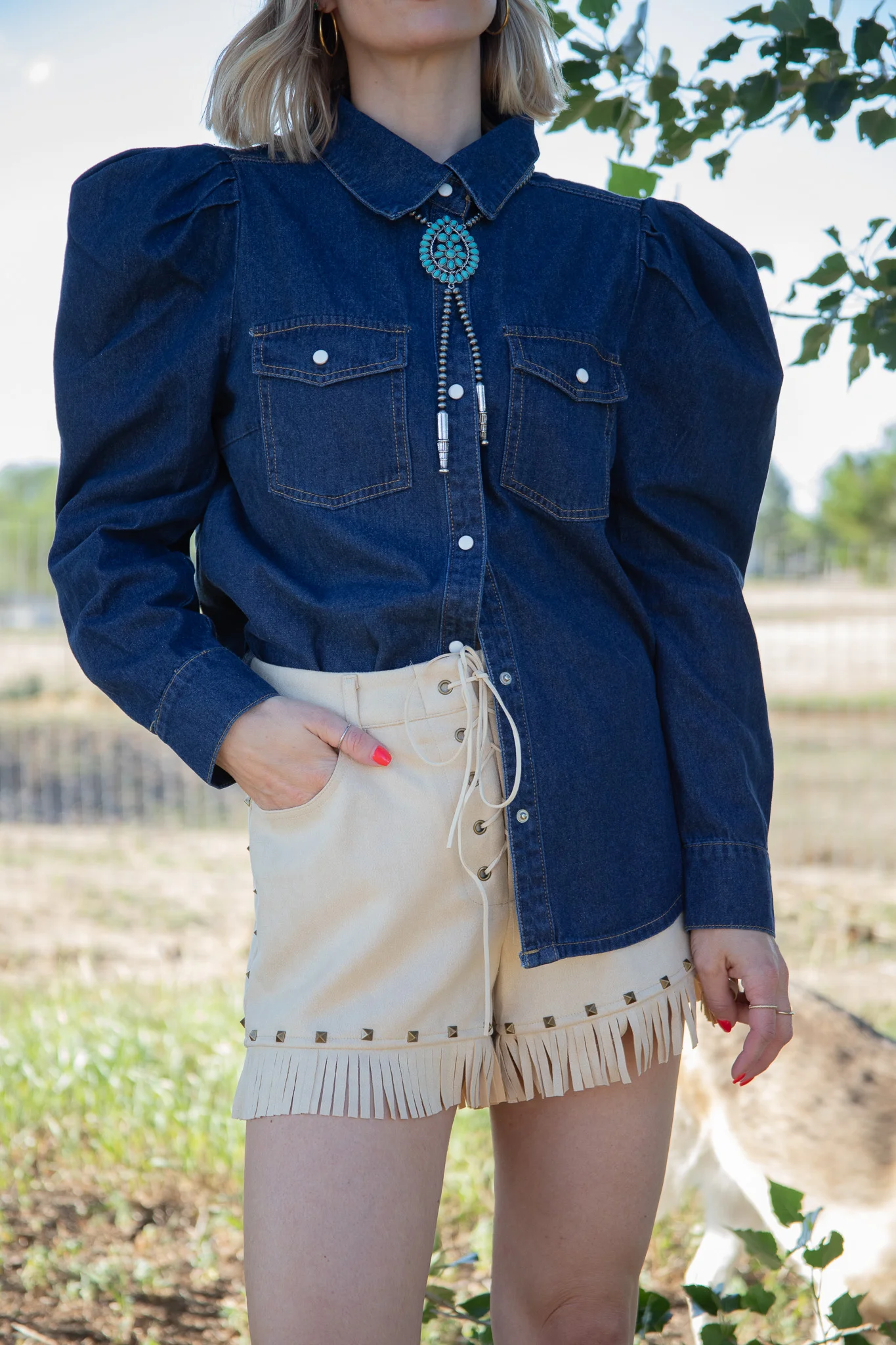 Pearls & Denim Puff Sleeve Shirt - Image 2