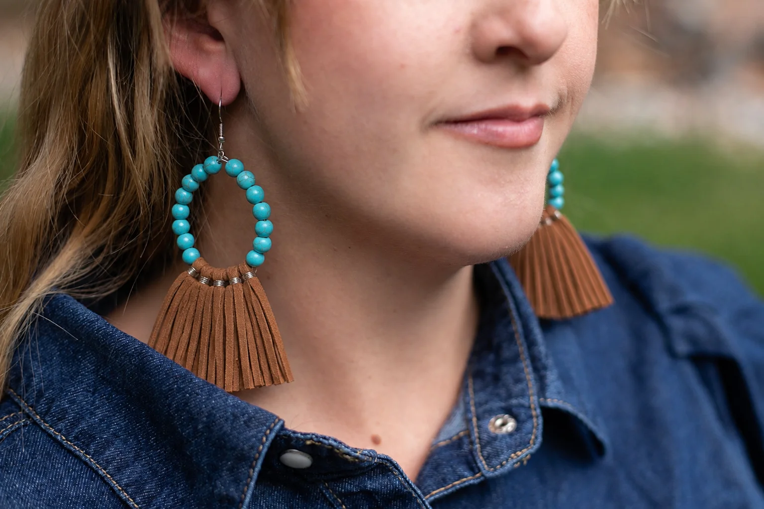 Dust & Turqoise Tassel Hoop Earrings - Image 3