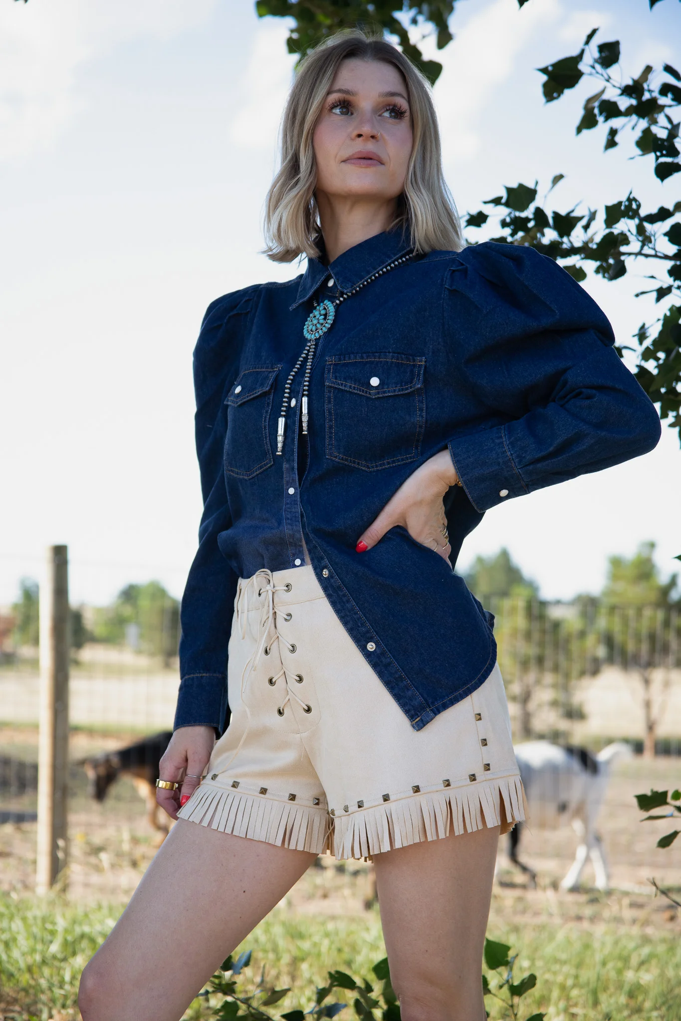 Pearls & Denim Puff Sleeve Shirt - Image 4